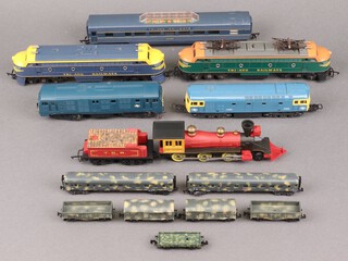 A Triang Hornby R233 American locomotive and tender, a Lima diesel double headed locomotive and tender, 1 other, A Triang railways double headed diesel locomotive and a Triang railways overhead locomotive and tender together with a small collection of N gauge rolling stock  