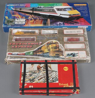 A Triang Dublo RS.I train set boxed, a Hornby Intercity 225 R824 train set boxed and a Mehano Thunderbolt Express train set boxed (sets not guaranteed to be complete) 