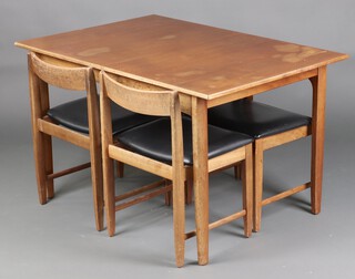 A mid-century teak extending dining table on square tapered supports 74cm h x 122cm cm l x 84cm w together with 4 bar back dining chairs (water and contact marks in places) 