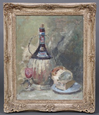 Binnie Barnes (Gertrude Maud Frankovich nee Barnes) (1903-1998),Still Life with Bottle of Wine, Bread, Cheese and Glass, oil on board, signed recto, 49cm x 37cm Chelsea Art Society Chenil Galleries label verso, within a swept gilt composition frame. 
Note: Gertrude Maud Barnes, known professionally as Binnie Barnes, was an English actress whose career in films spanned from 1923 to 1973. She was known as a leading lady in films such as "The Private Life of Henry VIII", "The Last of the Mohicans" and "In Old California"
