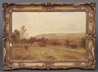 A W Williams, oil on canvas, harvest scene with figures, signed and dated 1891, 29cm x 44cm 