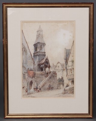 Paul Marney (1829-1914), watercolour, study of a tower, cart and buildings with figures 44cm x 31cm (some foxing) 