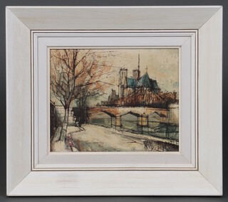 Francois Depresle, a French oil painting on canvas, study of Notre Dames from the Seine, 20cm x 25cm 