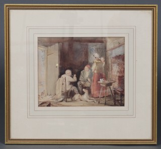 Taylor,  Victorian watercolour, interior scene with figures and a seated dog, signed and dated 1860, 18cm x 23cm 
