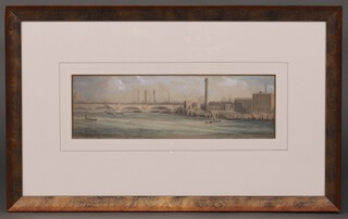 Watercolour, river scene with bridge and extensive columns, 15cm x 48cm 