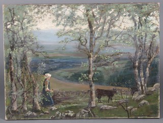 J T Kingsley Tarbey, oil on canvas, girl driving cattle 45cm x 61cm, unframed 