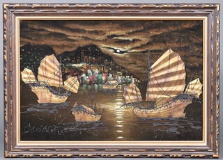 David Chen, an applied canvas, Hong Kong harbour 60cm h x 89cm w, within a carved frame 