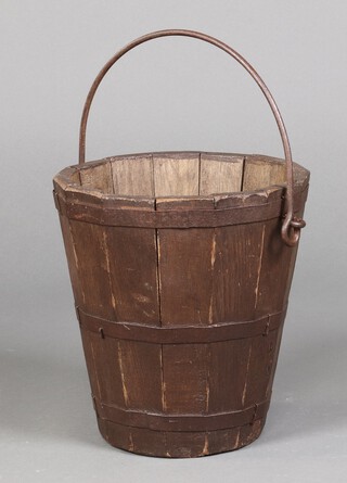 An Eastern coopered hardwood bucket with swing handle 30cm h x 30cm diam.