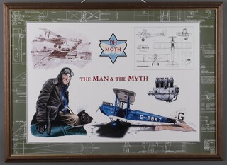 E. Wolf â€“ "The De Havilland Moth, The Man & The Myth", limited edition colour print, signed and dated '95, 58.5cm x 82cm, within a stained wood frame