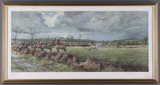 Frank Algernon Stewart (1877-1945) Bicester and Warden Hill (Fox Hunting Scene), limited edition colour print, signed in pencil and with Fine Art Trade Guild blind stamp, 33cm x 64cm, within a gilt frame