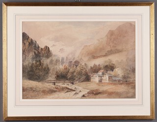 Continental School â€“ Alpine Valley Landscape with Hamlet, late 19th/early 20th century watercolour, 37cm x 53cm, within a gilt frame
