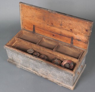 A carpenter's rectangular pine trunk with hinged lid containing a jack plane, 5 fishing reels and other planes 31cm h x 87cm w x 36cm d   