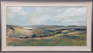 Matt Bruce, oil on board, downland scene with windmill 59cm x 119cm (some paint loss in the sky), signed and dated '66