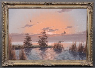 G Brouwer, oil on canvas, ducks over a lake and dawn 60cm x 89cm, within a gilt frame (some damage to paint on the right side) 