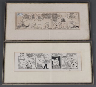 Trog, a black and white cartoon "Flook by Trog" and a Clive by Angus Magell print 10cm x 36cm, in Hogarth frames 