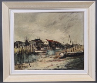Francois Depresle,  French oil painting on canvas,  river scene with fishing boats, signed, 43cm x 53cm label to the reverse Ile d'Oleron  