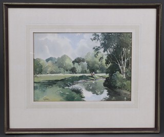 F J James, watercolour, fishermen by a stream, signed and dated '76, 26cm x 36cm 