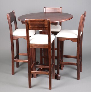 A bar/pub style suite comprising circular pedestal table 110cm h x 97cm diam. together with 4 high back stools 