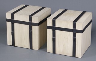 A pair of pedestals in the form of metal bound trunks 51cm h x 51cm w x 51cm d 