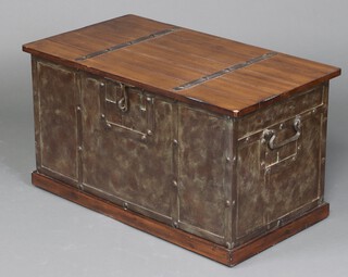 A wooden and metal bound trunk with hinged lid 50cm h 