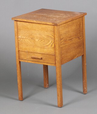 A square light oak sewing box, the base fitted a drawer, on square supports 62cm h x 40cm (split to top)