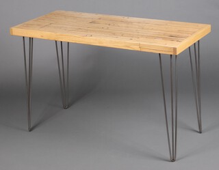 A mid-century rectangular oak occasional table on hair pin supports 76cm h x 120cm w x 56cm d 
