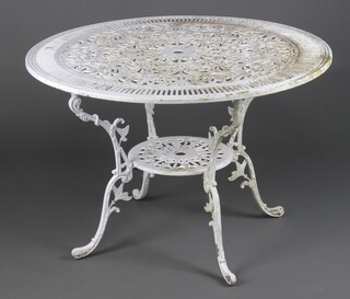 A Victorian style, circular white painted, pierced aluminium garden table with undertier on cabriole supports 72cm h x 107cm diam. 