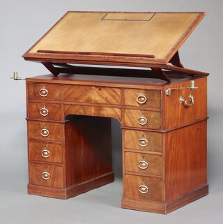 Attributed to Gillows, a mahogany pedestal architectâ€™s desk, circa 1790. The gilt, double-ratcheted, leather-tooled writing surface having  rising candle flap and detachable document rest, above a secretaire drawer revealing a green baize writing slide, above six hinged inlaid lettered compartments and two secret compartments. The sides having fitted brass handles and hinged candle sconces, central recess flanked by three drawers to each side, fitted with brass handles, 96cm h x 126cm w x 70cm d.

See Gillows of Lancaster and London, Vol. II, by Susan E. Stuart, p. 377, plate GG28, for a near-identical example.