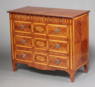 A 19th century Continental inlaid Kingwood commode fitted 6 short drawers, raised on square tapered supports 95cm h x 110cm w x 54cm d 