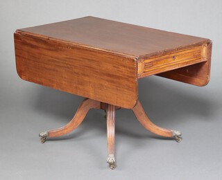 A 19th century mahogany pedestal Pembroke table fitted a drawer, raised on ring turned column and tripod base 73cm h x 107cm w x 66cm d 