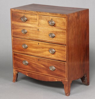 A 19th century mahogany chest of 2 short and 3 long drawers with replacement oval drop handles, raised on splayed bracket feet, 92cm h x 84cm w x 42cm d 