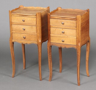 A pair of 20th century French oak bedside chests with 3/4 galleries, fitted 4 drawers and raised on cabriole supports 71cm h x 34cm w x 30cm d 