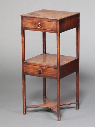 A Georgian mahogany square bedside/night table fitted a drawer and recess, the base fitted a drawer and with shaped stretcher 79cm h x 34cm w x 33cm d 