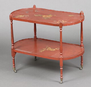 A 1930's, Georgian style, red painted and decoupage oval 2 tier tea trolley, raised on turned supports 59cm h x 76cm w x 44cm d  