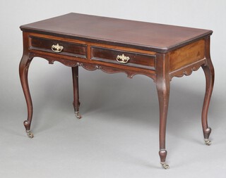 An Edwardian rectangular mahogany side table fitted 2 drawers, raised on cabriole supports with ceramic casters 72cm h x 107cm w x 52cm d 