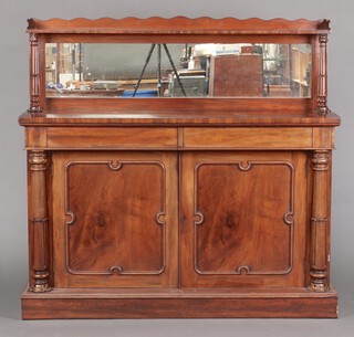 A Regency mahogany chiffonier, the raised back fitted a shelf above mirror, the base fitted 2 secret drawers above cupboard enclose by a pair of panelled doors, raised on bracket feet 138cm h 147cm w x 40cm d  