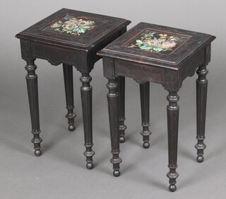 A pair of Victorian square carved and ebonised occasional tables fitted tiles, raised on turned and fluted supports 49cm h x 30cm w x 30cm d  