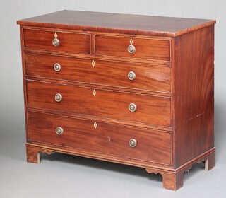 A 19th century mahogany chest of 2 short and 3 long drawers raised on bracket feet with replacement ring drop handles 96cm h x 117cm w x 52cm d 