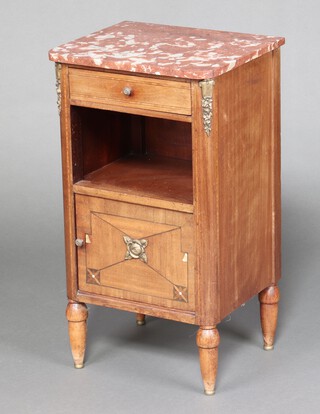 A 19th century French inlaid mahogany bedside cabinet with pink veined marble top with recess above cupboard, enclosed by a panelled, raised on turned supports 79cm h x 44cm w x 37cm d 