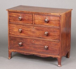 A 19th century mahogany crossbanded chest of 2 short and 3 long drawers with turned handles, raised on bracket feet 82cm h x 94cm w x 51cm d 