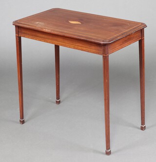 An Edwardian rectangular inlaid mahogany occasional table, raised on square tapered supports, spade feet 71cm h x 77cm w x 45cm d 