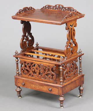 A Victorian rectangular walnut what-not/Canterbury, the raised back with pierced 3/4 gallery, the base fitted a 3 division Canterbury with drawer to the base 87cm h x 55cm w x 40cm d 