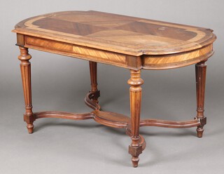 A 19th century continental inlaid brass and kingwood centre table with quarter veneered top, fitted a frieze drawer, raised on turned and fluted supports with X framed stretcher 70cm h x 136cm w x 75cm d 