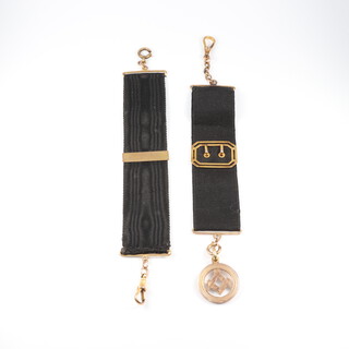 A Masonic silk and 9ct gold mounted watch hang, hung a pendant with square and compass together with 1 other 9ct gold mounted watch hang, gross weight including silk, 11.4g