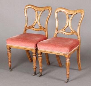 A pair of Victorian bleached mahogany tulip backed dining chairs with over stuffed seats on turned and reeded supports 