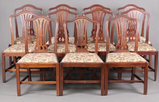 A harlequin set of 11 Hepplewhite style camel back dining chairs, raised on square tapered supports with H framed stretchers 