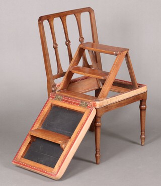 A 19th Century metamorphic library step of 4 steps, in the form of a mahogany bar back chair, raised on turned supports, the seat upholstered in stained leather 