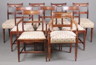 A harlequin set of 9 19th century mahogany bar back dining chairs - 1 carver with shaped mid rail and overstuffed seat, raised on turned supports (old break to back),  1 other carver on turned supports, 4 bar back dining chairs with overstuffed seats (1 with old break to back, 1 with loose frame) and 3 bar back chairs with drop in seats on square turned supports 