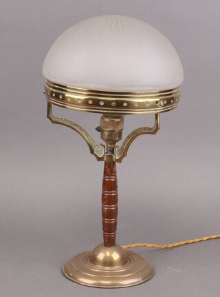 An Edwardian etched glass brass and turned beech table lamp, raised on a spreading foot 42cm h x 20cm diam. 