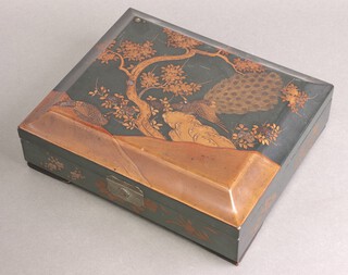 A Chinese black lacquered trinket box, the hinged lid decorated a peacock, the interior fitted 6 lidded shallow boxes 8cm h x 29cm w x 25cm d 